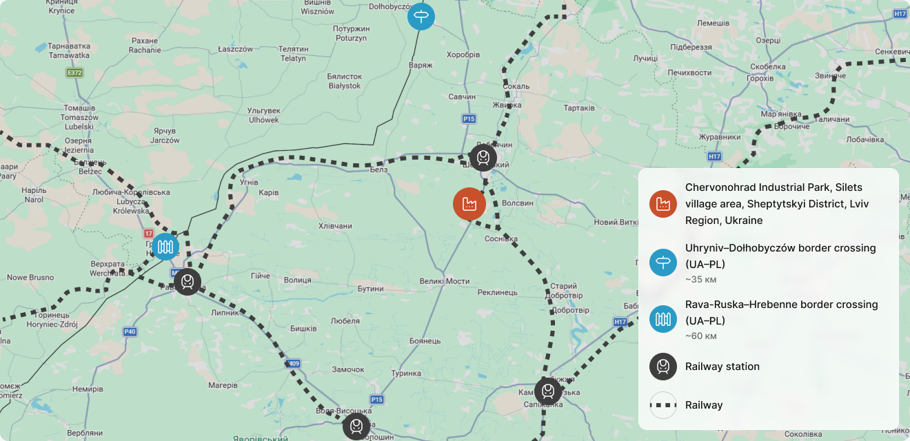 Map showing Chervonohrad Industrial Park location relative to EU border crossings and logistics routes